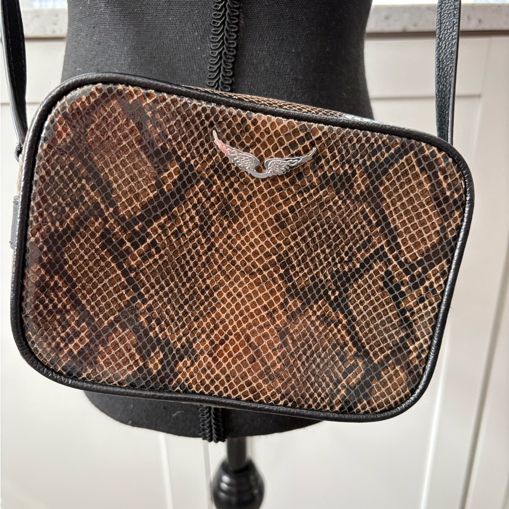 NWOT Zadig & Voltaire Small Python Embossed Leather Boxy Shoulder Bag in Taupe